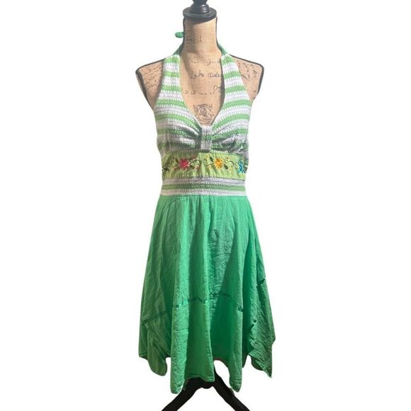 Mexican Bright Green Summer Hankerchief Crochet Halter Women’s Dress size large - Picture 2 of 9